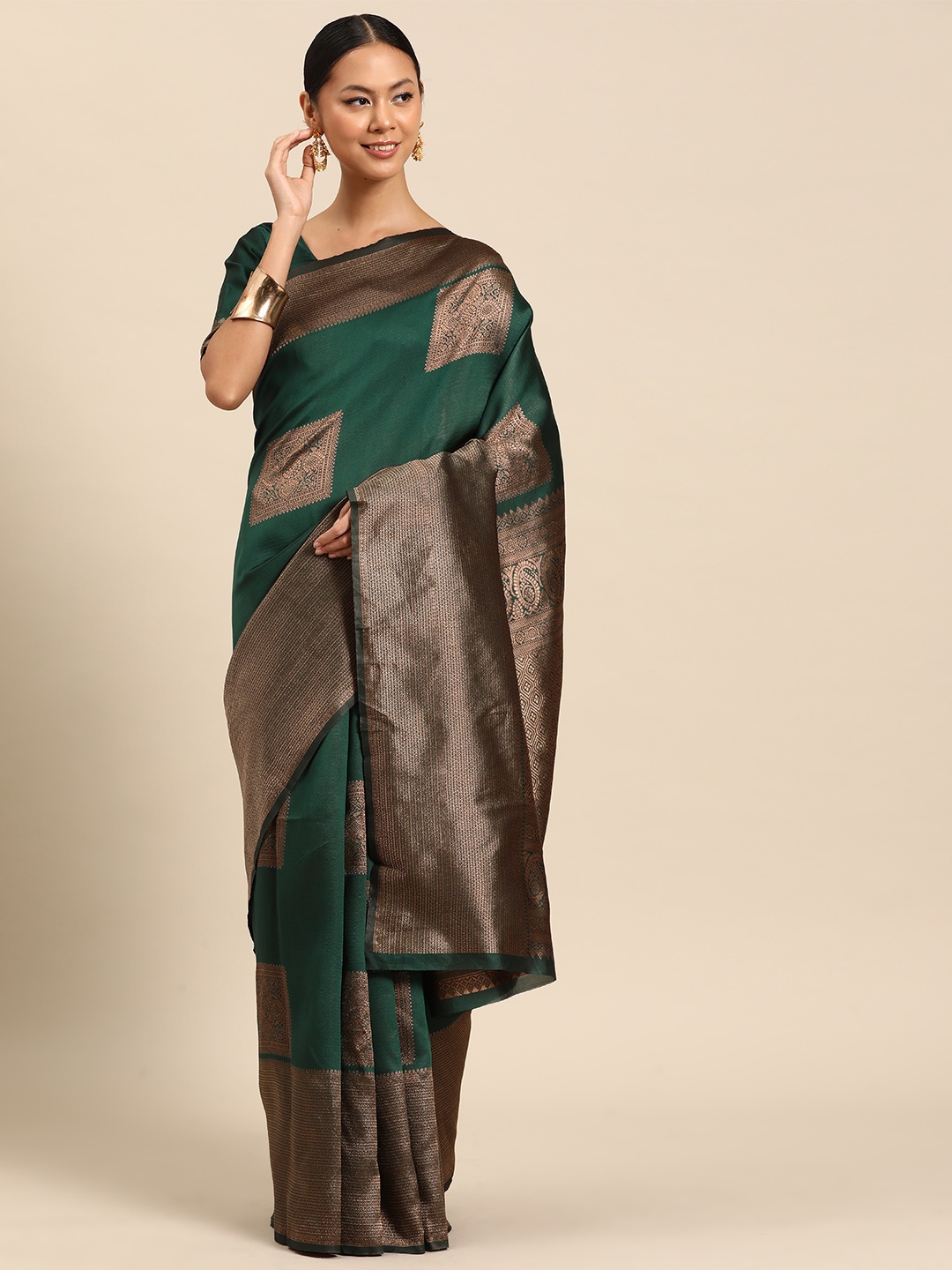 

SUTRAM Ethnic Motifs Zari Silk Blend Saree, Green