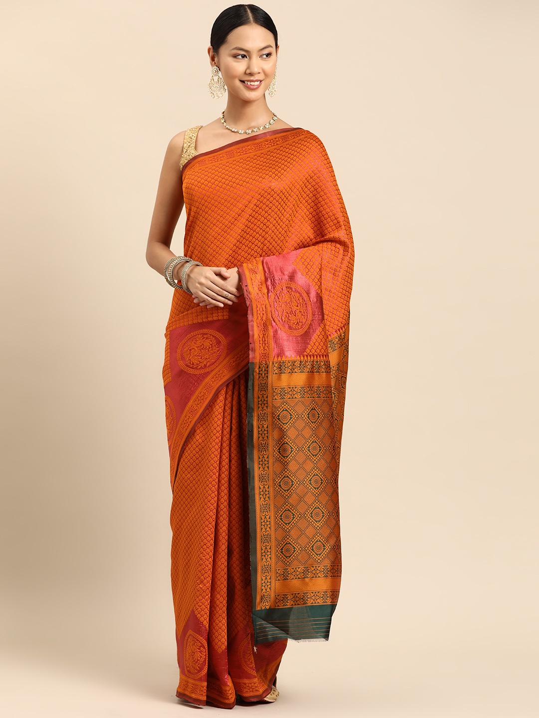 

SUTRAM Green Woven Design Zari Banarasi Saree, Mustard