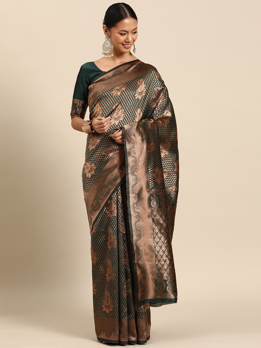 

SUTRAM Ethnic Motifs Zari Silk Blend Saree, Green