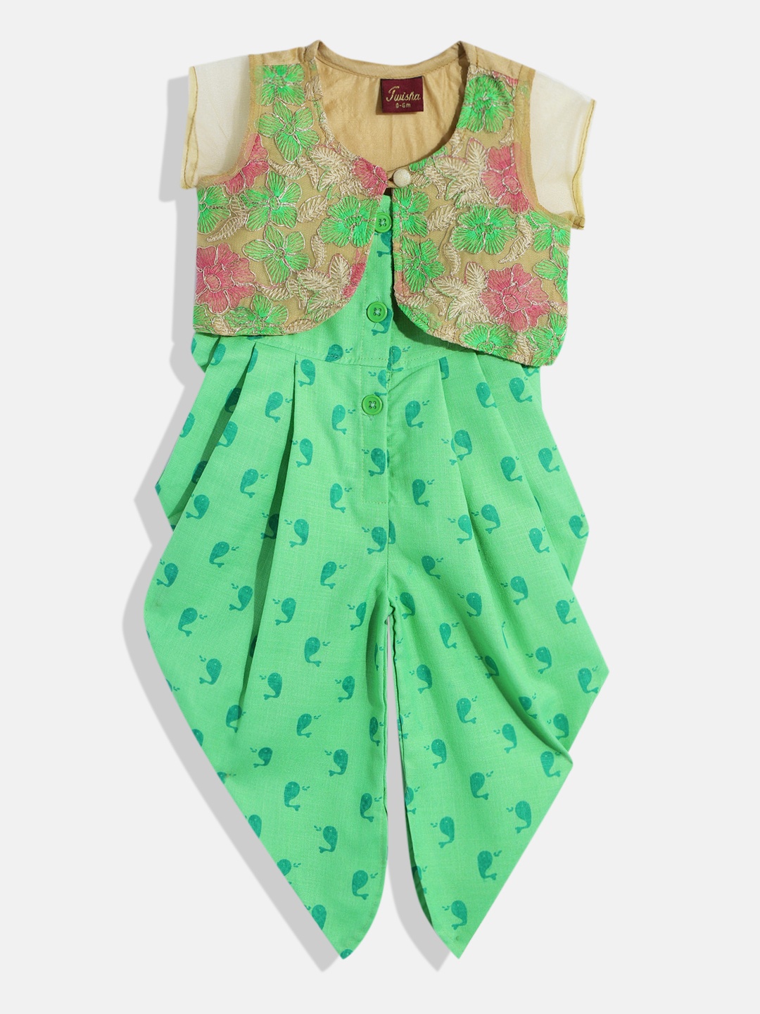 

Twisha Girls Printed Basic Jumpsuit with Embroidered Jacket, Lime green