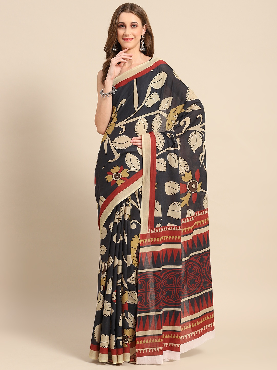 BUTA BUTI Floral Printed Pure Cotton Saree, Black