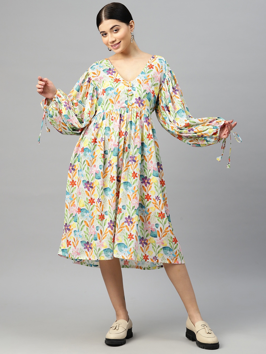 

BUTA BUTI Floral Print Puff Sleeve A-Line Cotton Midi Dress, Green