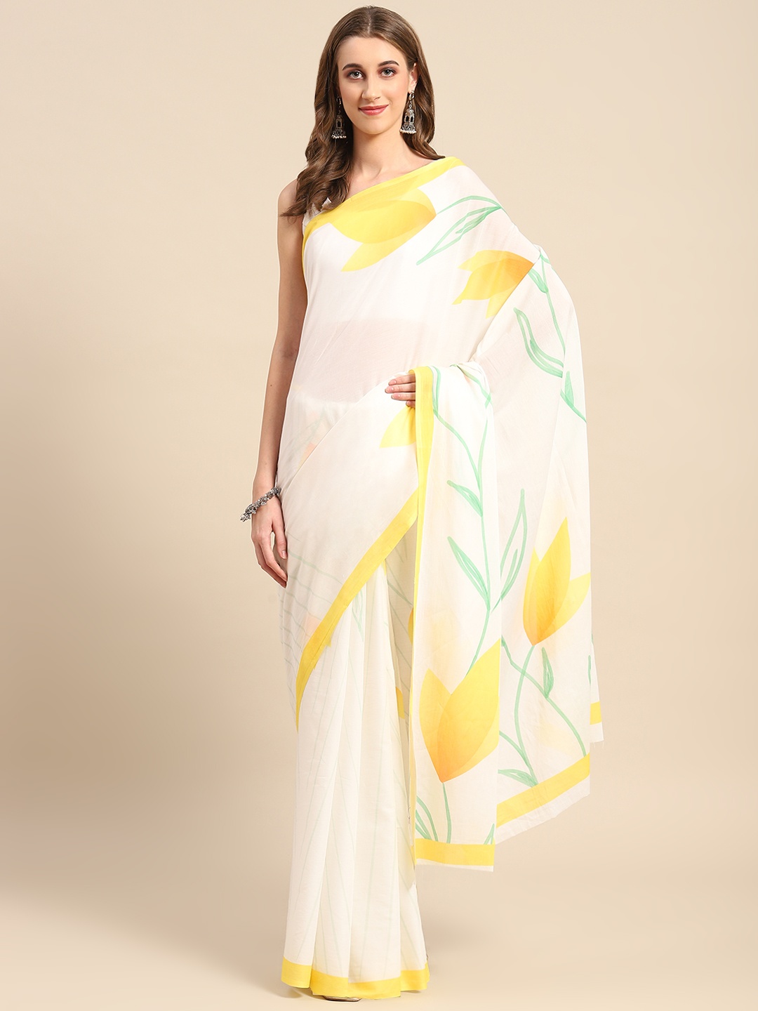 BUTA BUTI Floral Printed Pure Cotton Saree, Yellow