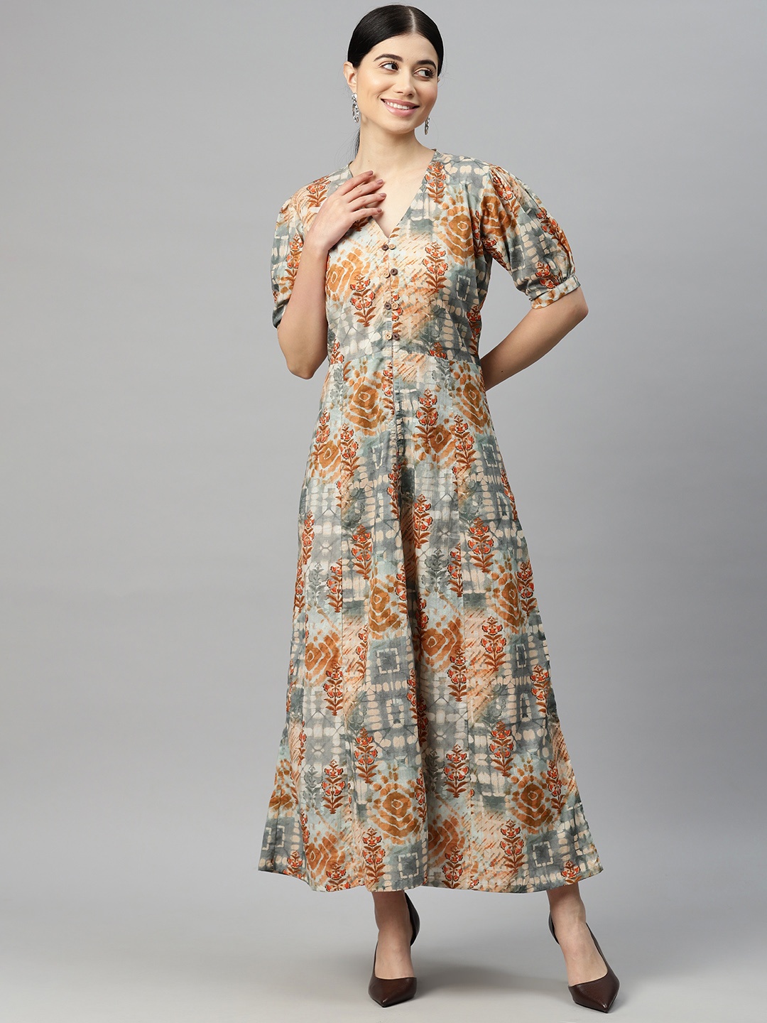 

BUTA BUTI Printed Puff Sleeve A-Line Cotton Maxi Dress, Brown
