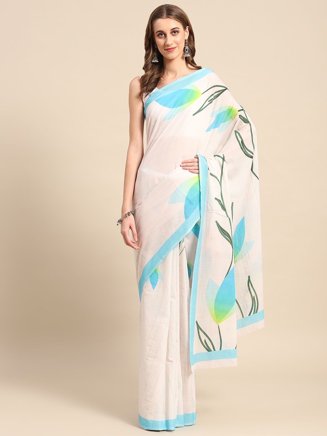 BUTA BUTI Floral Printed Pure Cotton Saree, Blue
