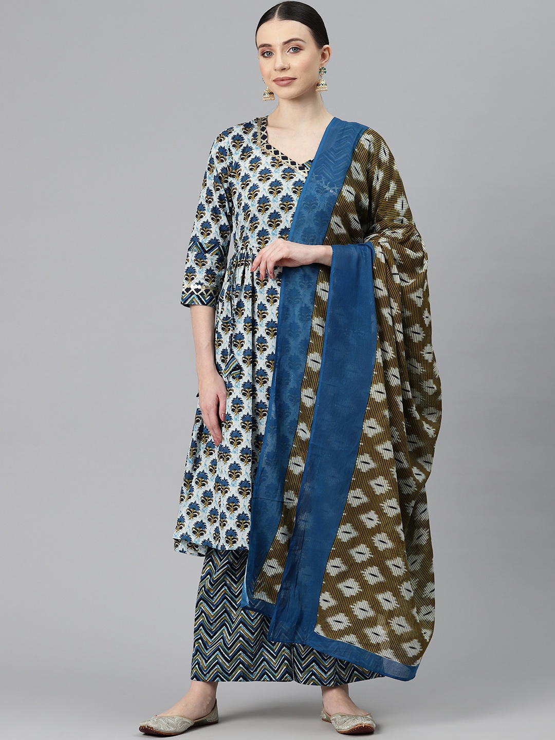 

BUTA BUTI Ethnic Motifs Printed Pure Cotton Unstitched Dress Material, Navy blue