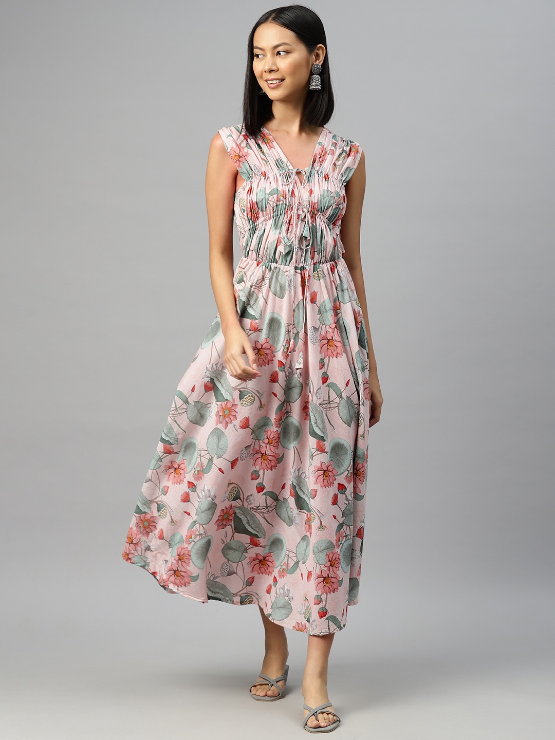 

BUTA BUTI Floral Print Blouson Cotton Midi Dress, Pink