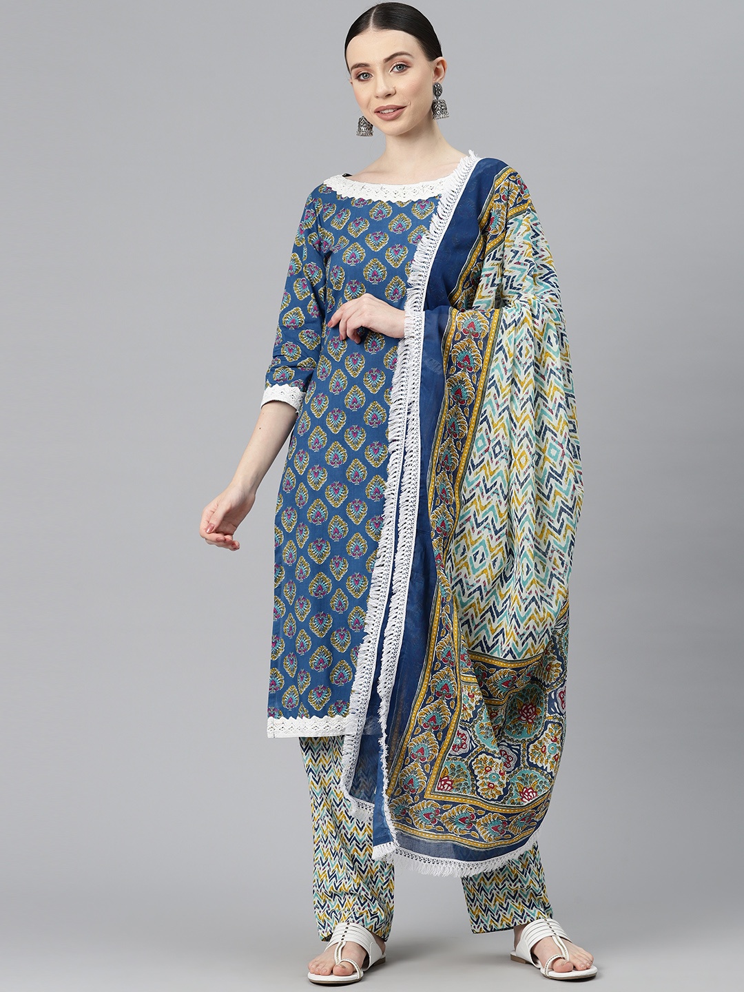 

BUTA BUTI Ethnic Motifs Printed Pure Cotton Unstitched Dress Material, Blue