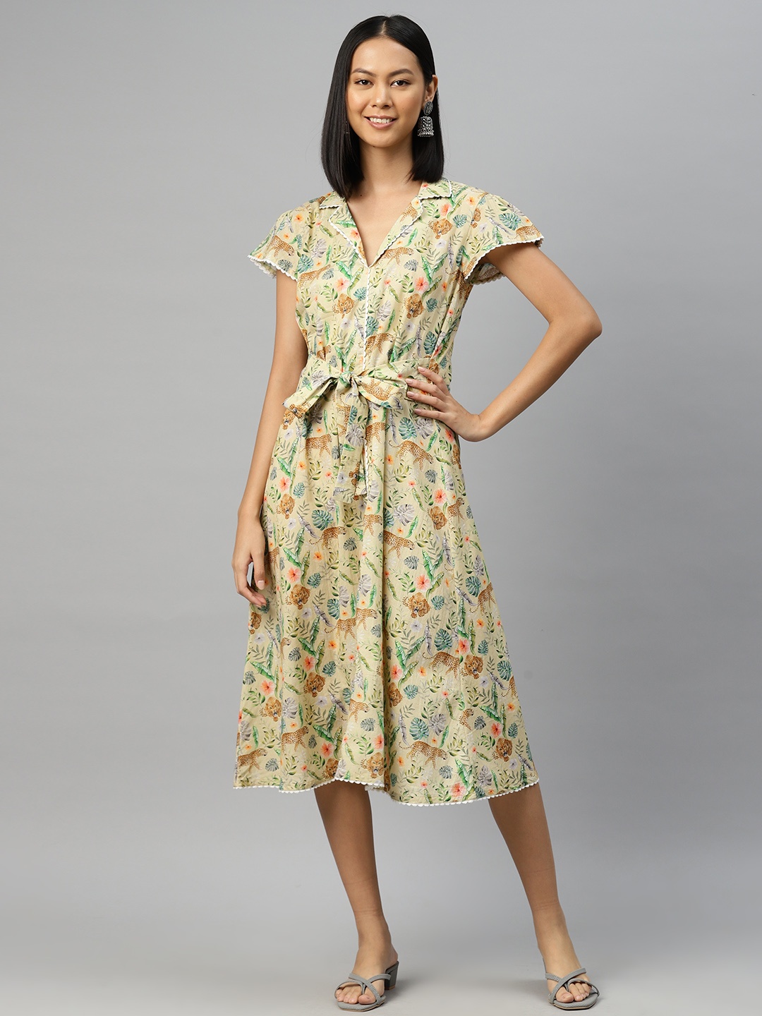 

BUTA BUTI Tropical Print A-Line Cotton Midi Dress, Yellow