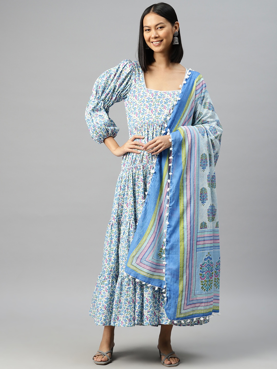 

BUTA BUTI Floral Print Puff Sleeve A-Line Cotton Maxi Dress, Blue