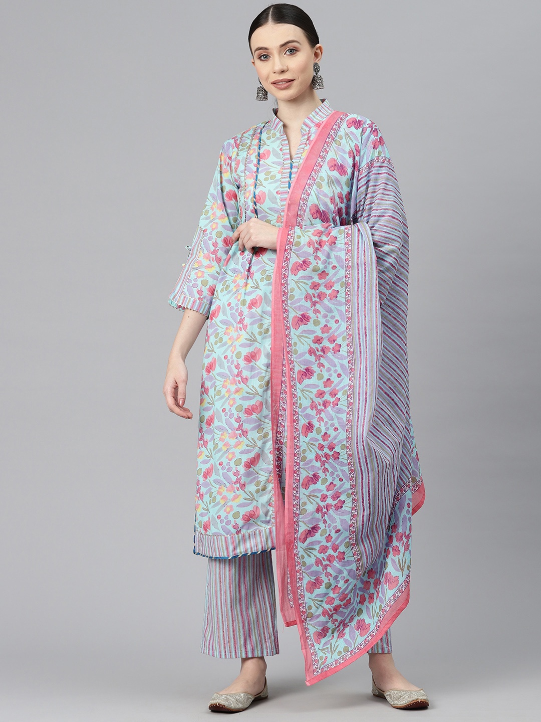 

BUTA BUTI Floral Printed Pure Cotton Unstitched Dress Material, Blue