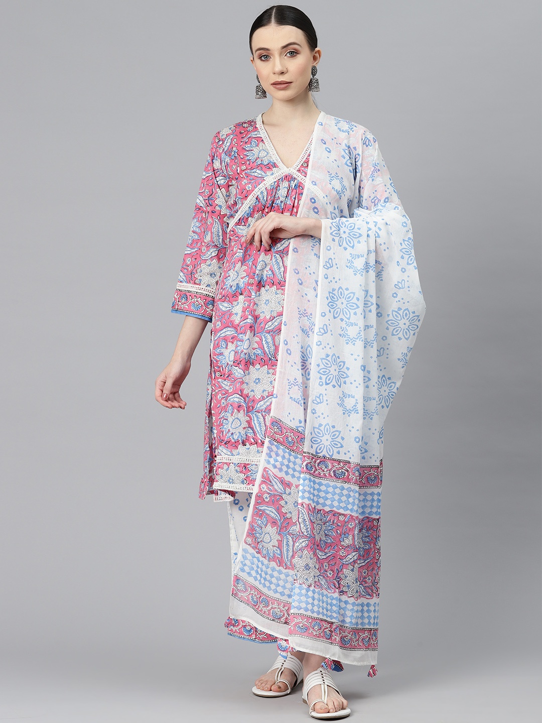 

BUTA BUTI Floral Printed Pure Cotton Unstitched Dress Material, Pink
