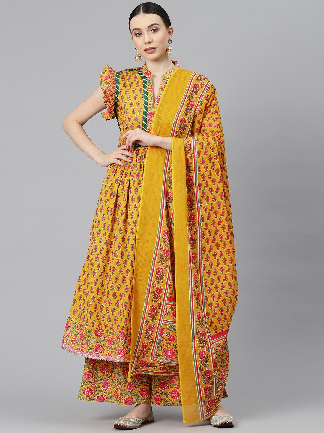

BUTA BUTI Floral Printed Pure Cotton Unstitched Dress Material, Yellow