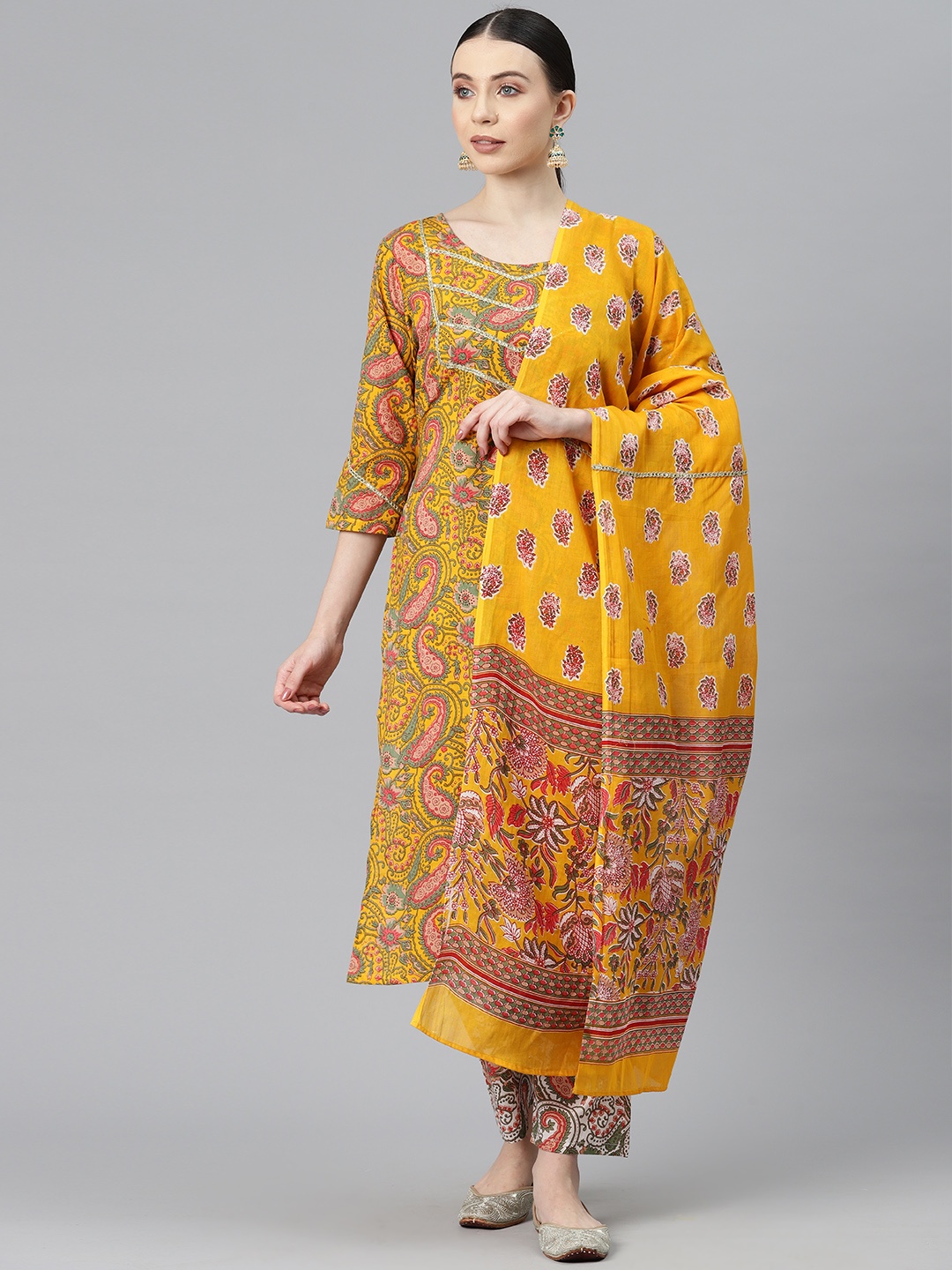 

BUTA BUTI Ethnic Motifs Printed Pure Cotton Unstitched Dress Material, Yellow