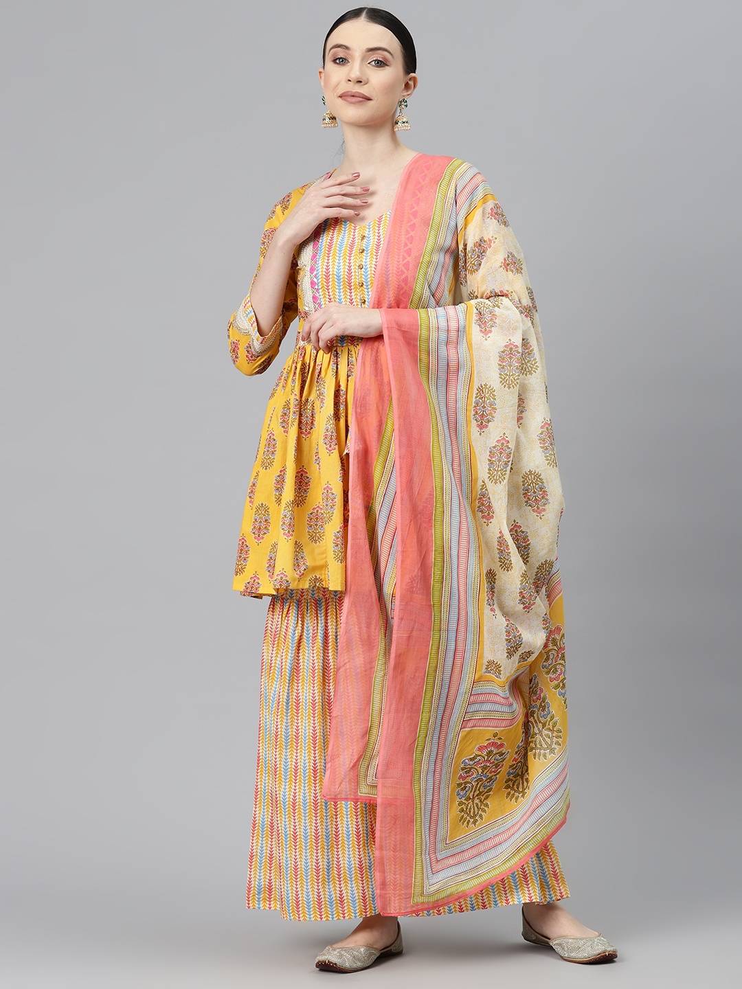 

BUTA BUTI Floral Printed Pure Cotton Unstitched Dress Material, Yellow