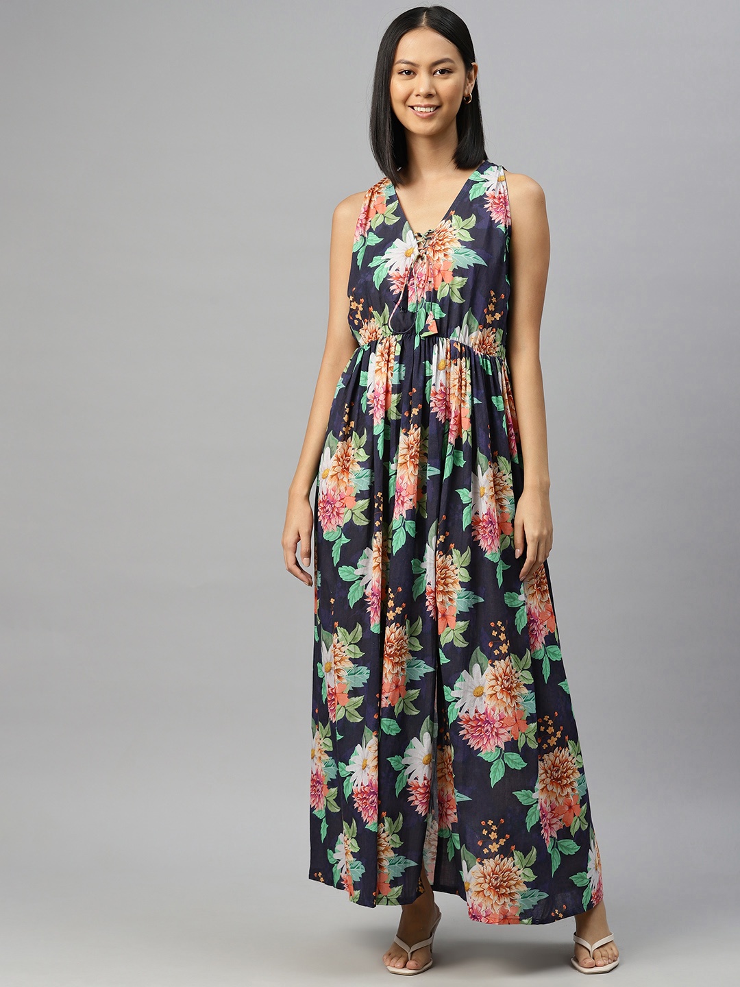 

BUTA BUTI Floral Print Cotton Maxi Dress, Navy blue
