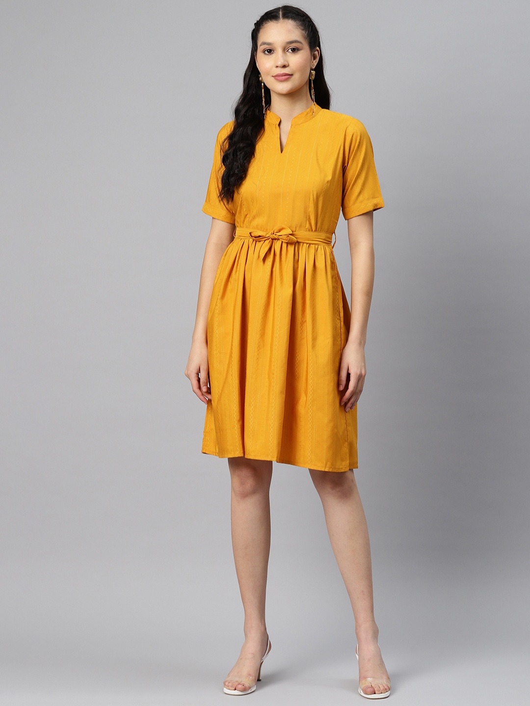 

PRASTHAN Belted Self Design Fit & Flare Dress, Yellow