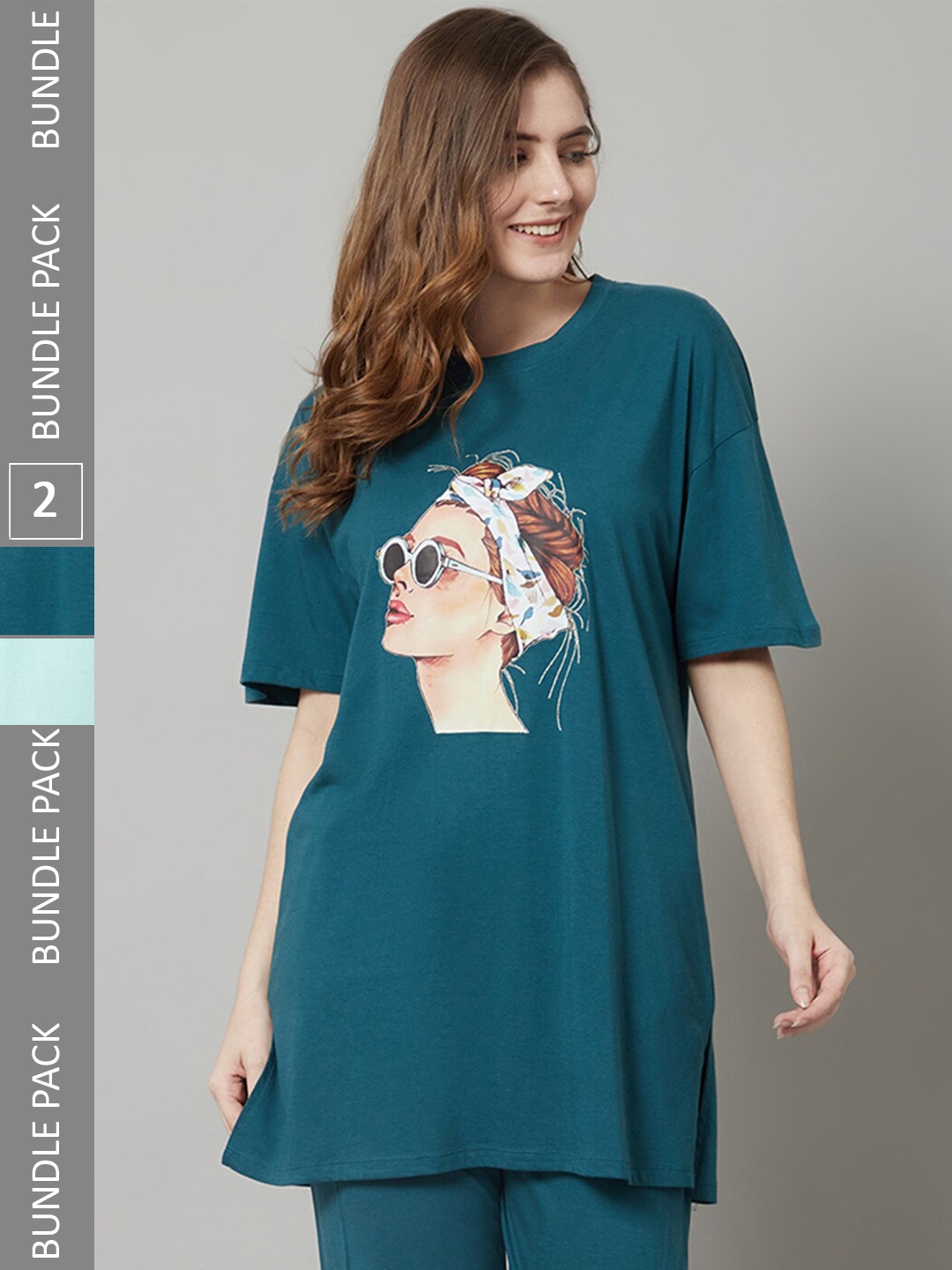 

Kanvin Pack Of 2 Graphic Printed Drop-Shoulder Oversized Longline T-shirt, Teal