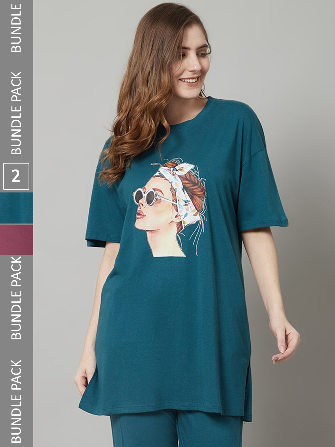 

Kanvin Teal Blue & Mauve Pack Of Graphic Printed Drop-Shoulder Oversized Longline T-shirt