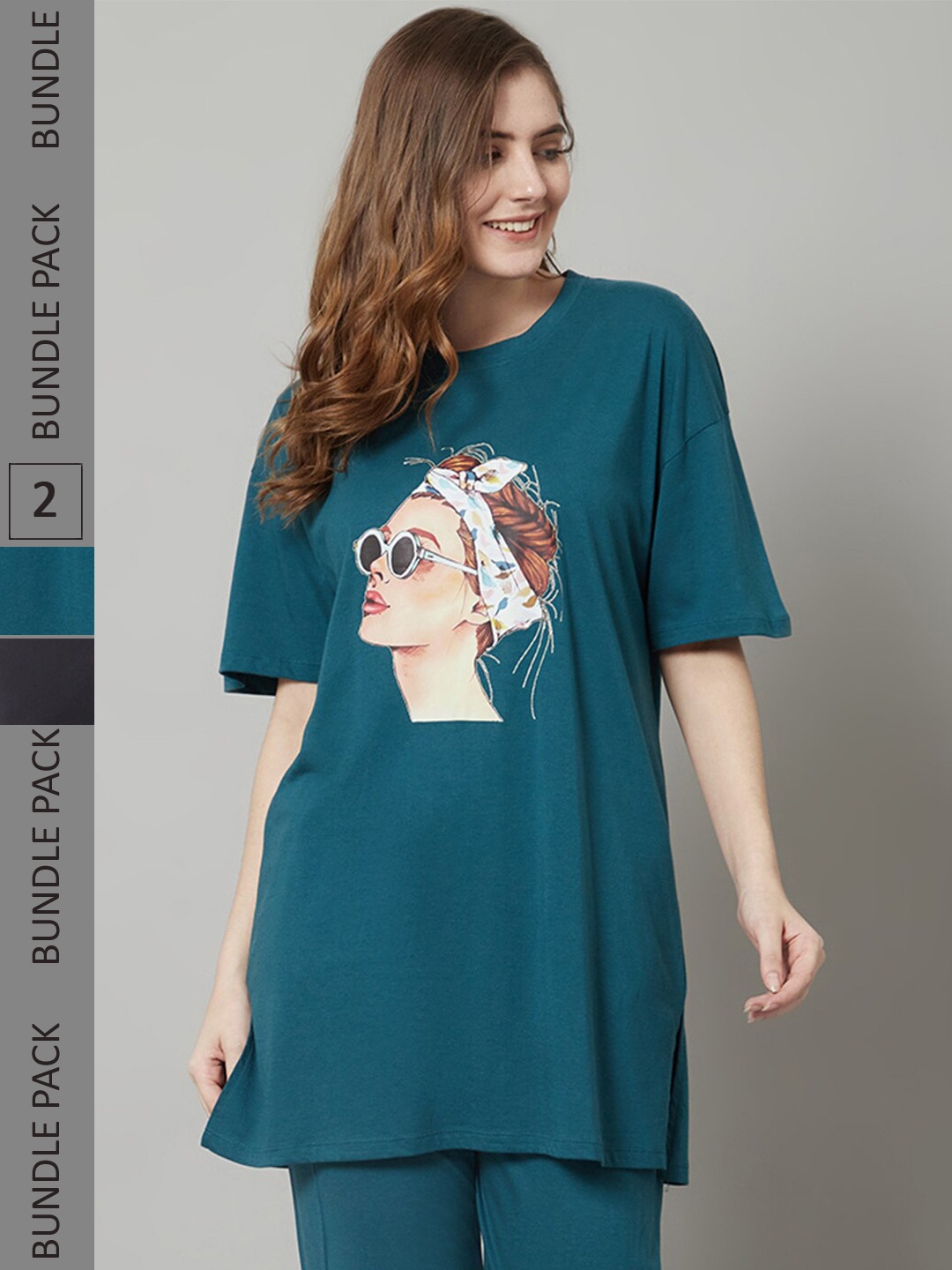 

Kanvin Teal Blue & Grey Pack Of Graphic Printed Drop-Shoulder Oversized Longline T-shirt