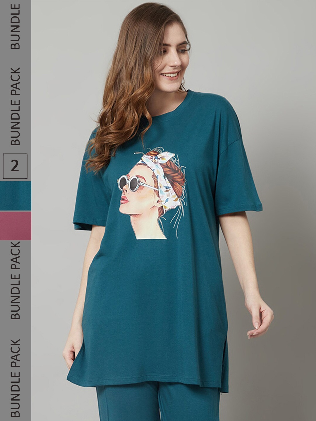 

Kanvin Teal Blue & Maroon Pack Of Graphic Printed Drop-Shoulder Oversized Longline T-shirt