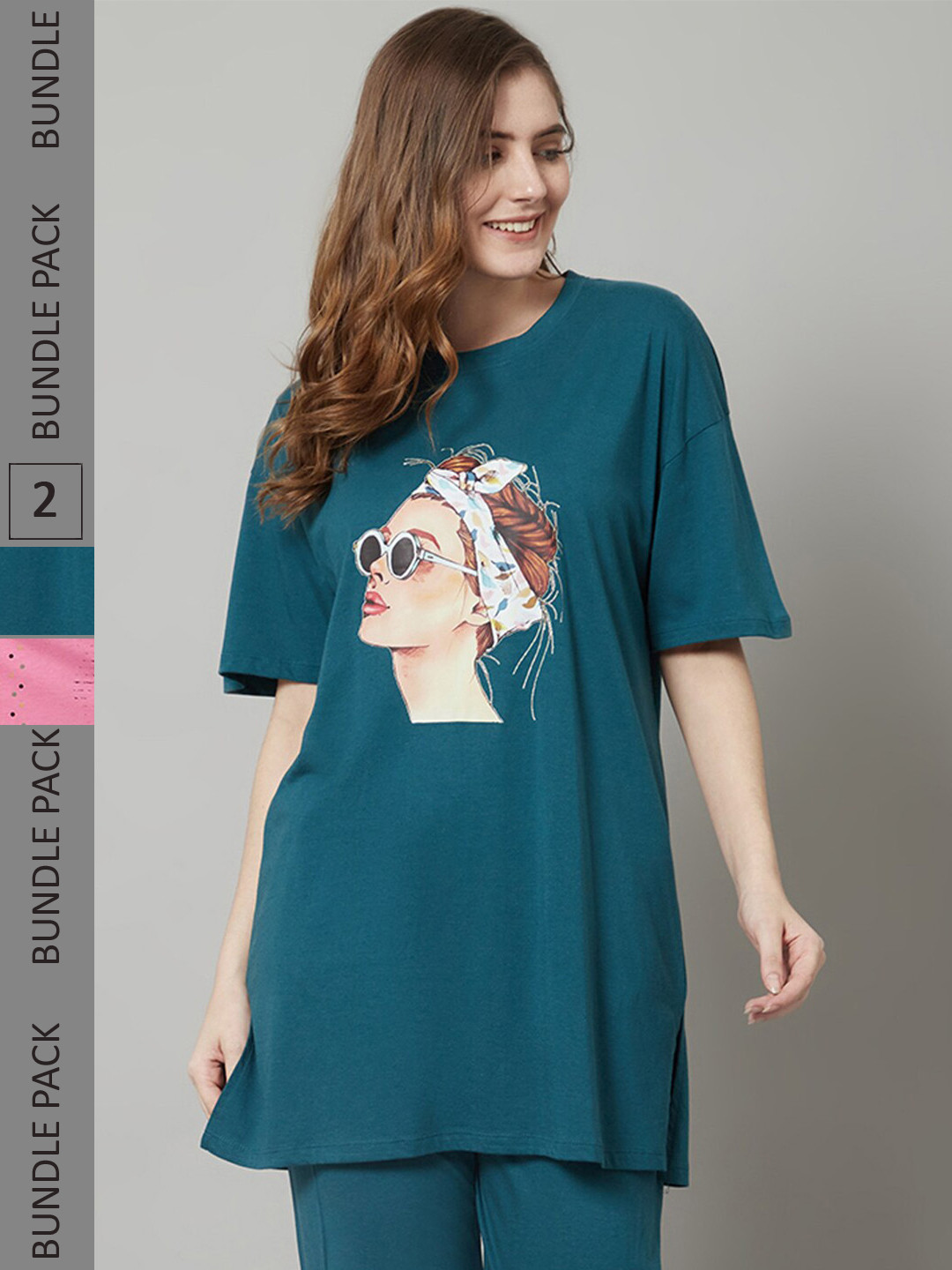 

Kanvin Teal Blue & Pink Pack Of Graphic Printed Drop-Shoulder Oversized Longline T-shirt