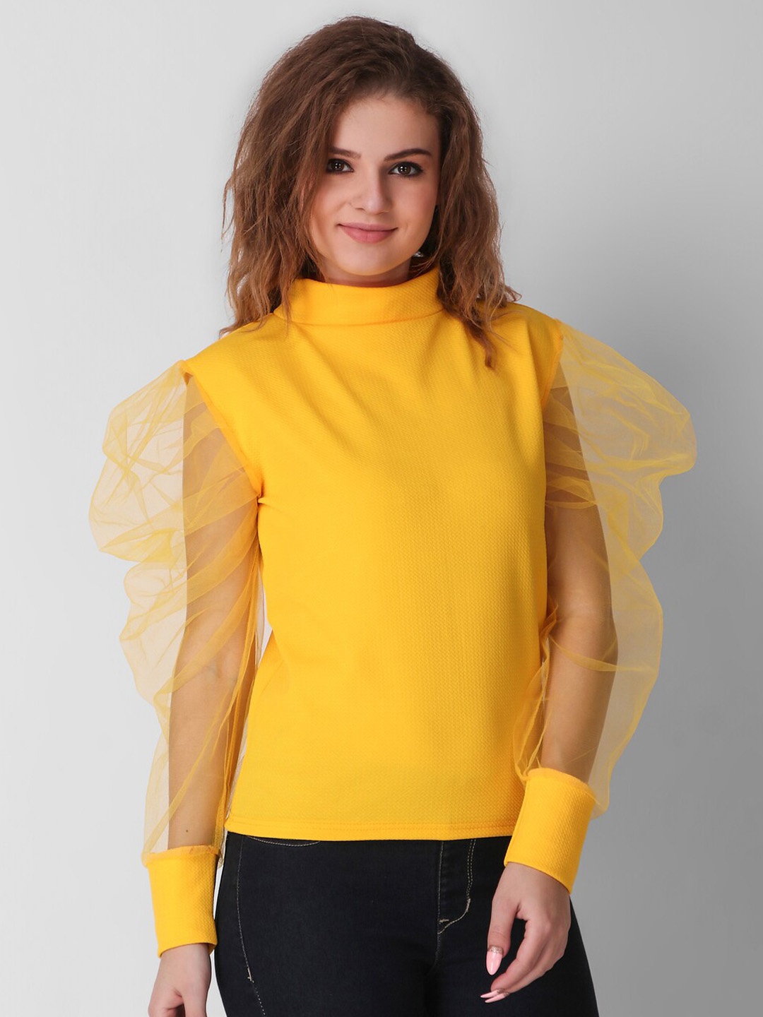 

KASHIAN Puff Sleeves High Neck Regular Top, Yellow