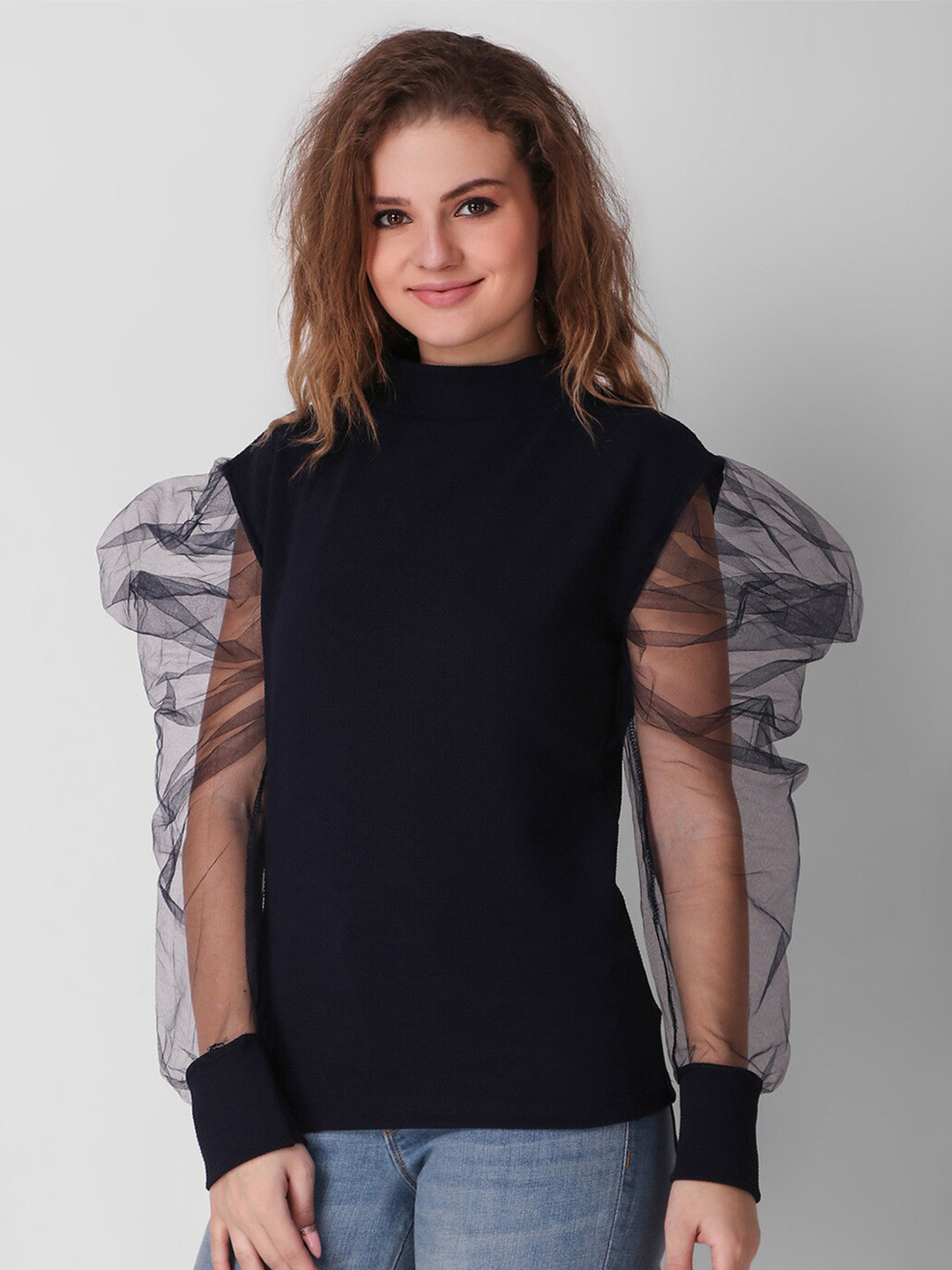

KASHIAN High Neck Puff Sleeves Net Top, Navy blue