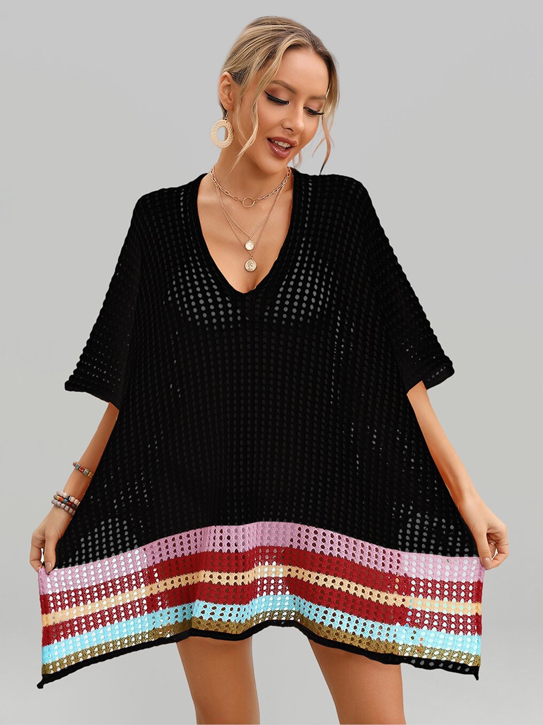 

JC Collection Striped Self-Design Swimwear Cover Up Top, Black