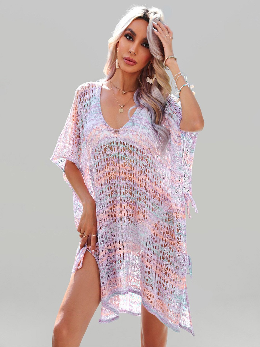 

JC Collection Self Design Swimwear Cover Up Top, Pink