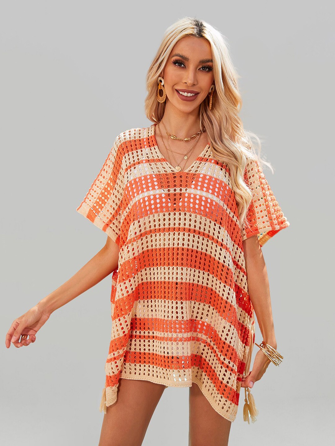 

JC Collection Striped V-Neck Swimwear Cover Up Dress, Orange