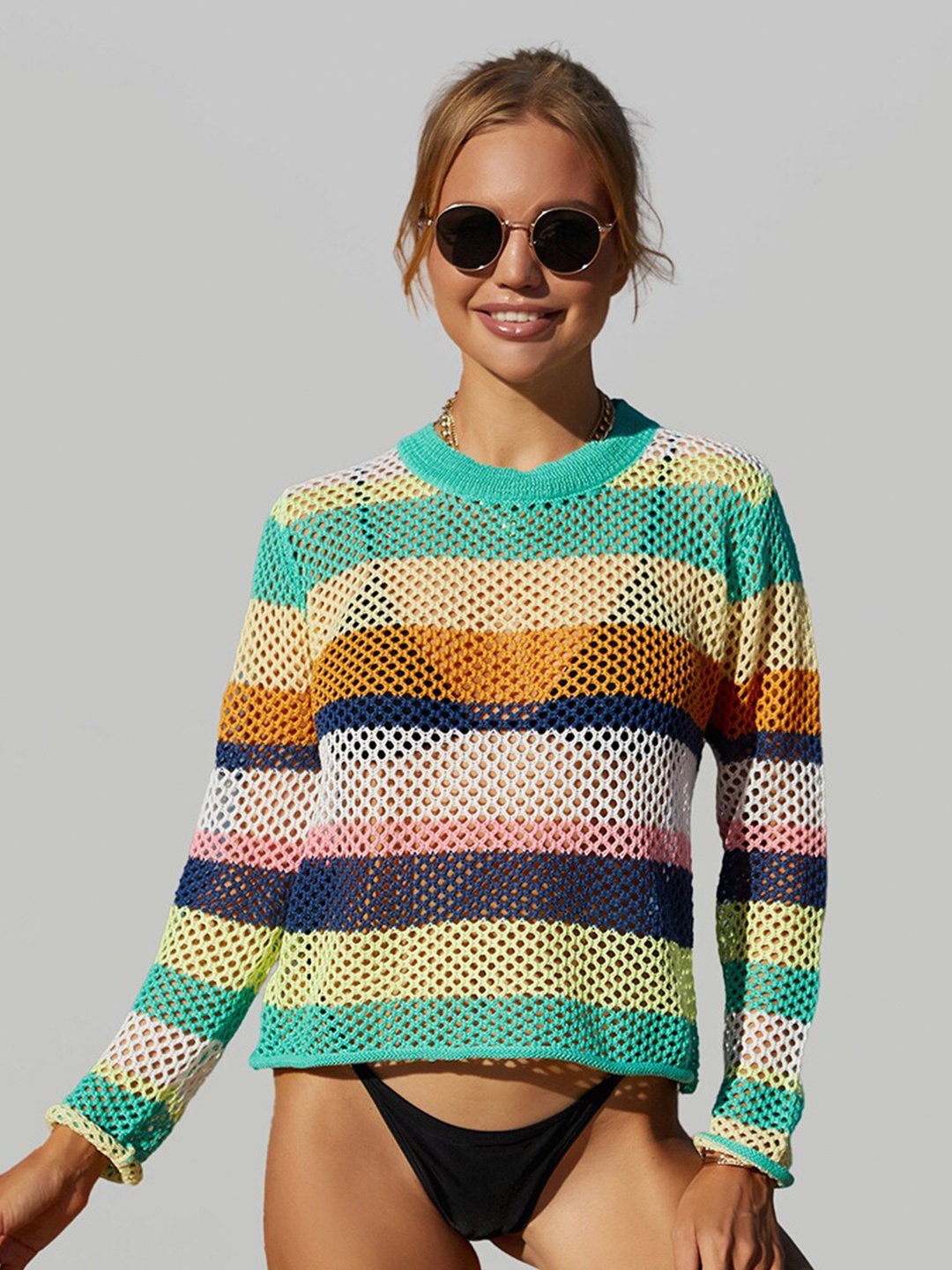 

JC Collection Striped Knitted Swimwear Cover Up Top, Green