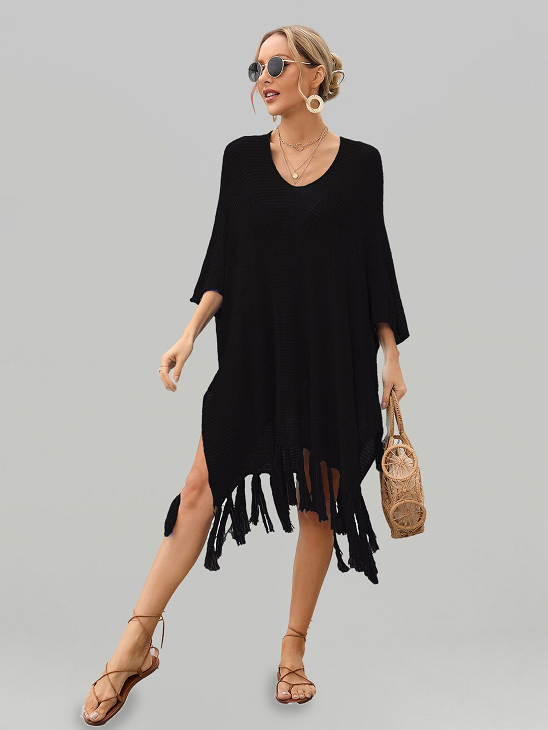 

JC Collection Self-Design Knitted Swimwear Cover Up Top, Black
