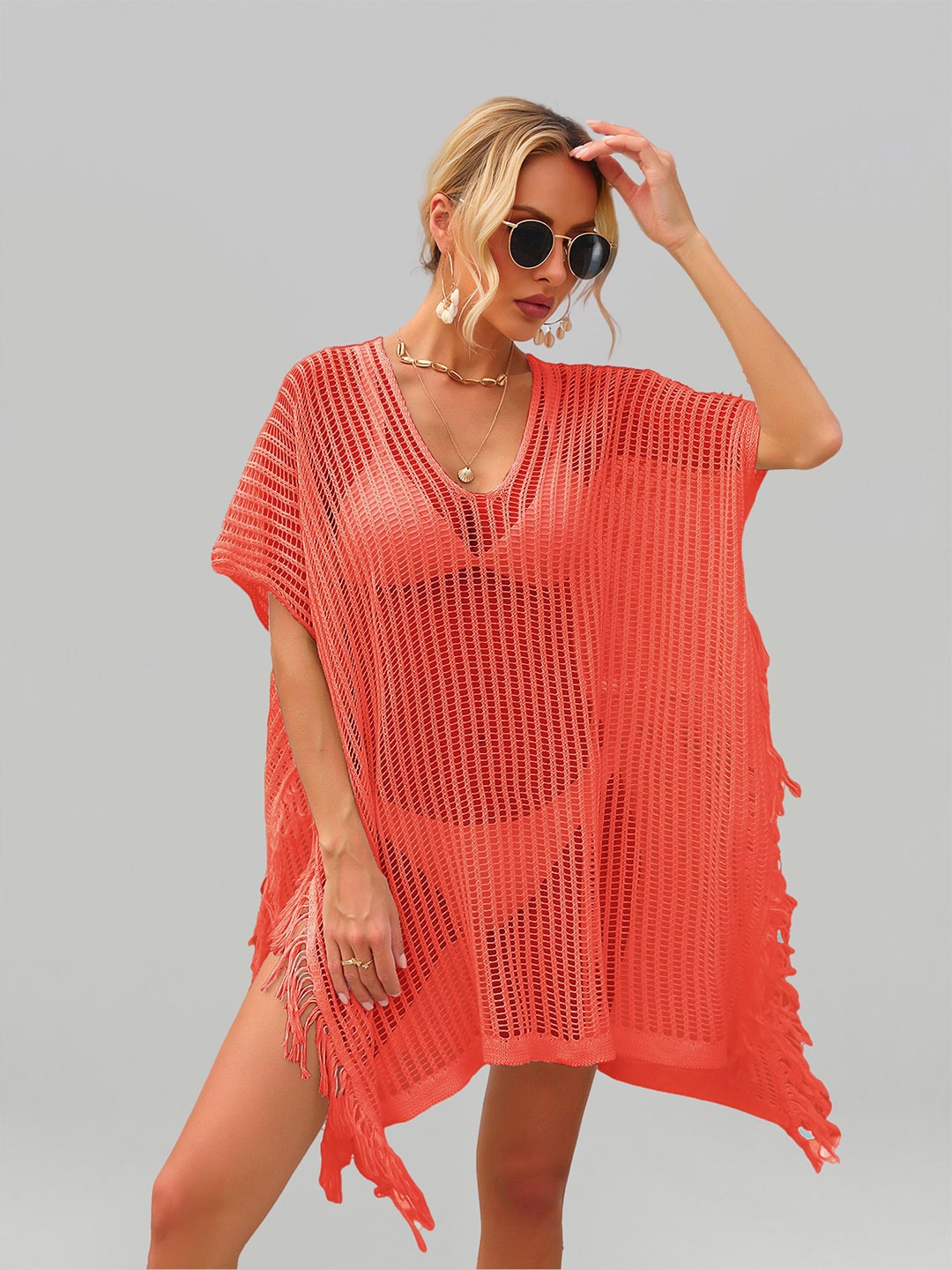 

JC Collection Self-Design Swimwear Cover Up Kaftan Dress, Orange