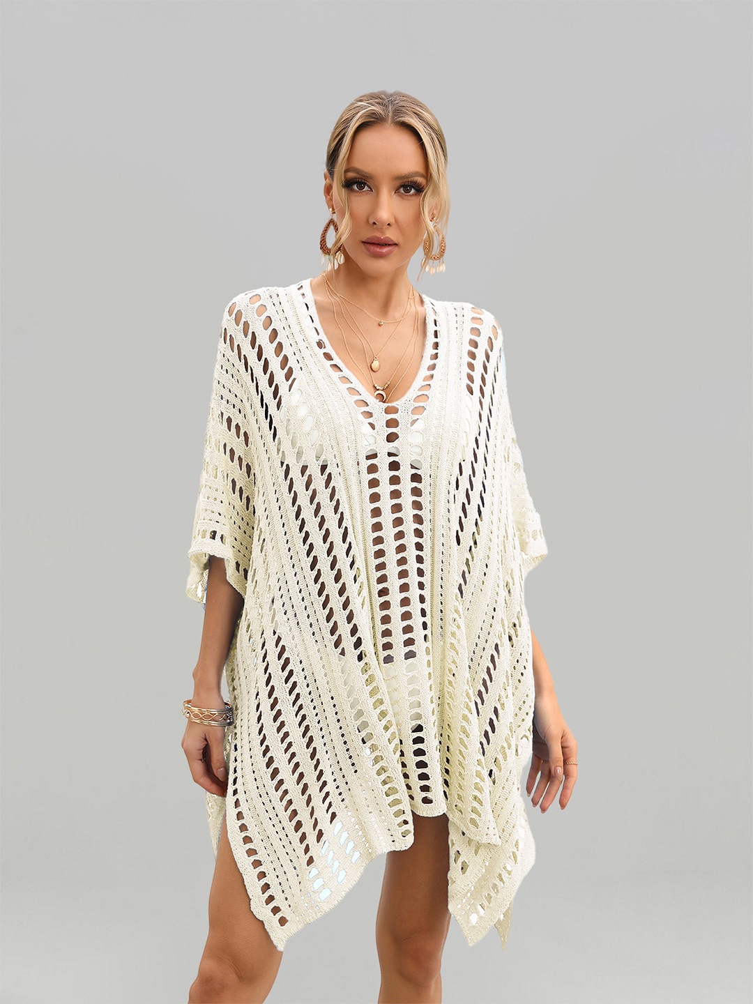

JC Collection Self-Design Knitted Swimwear Cover Up Top, Beige