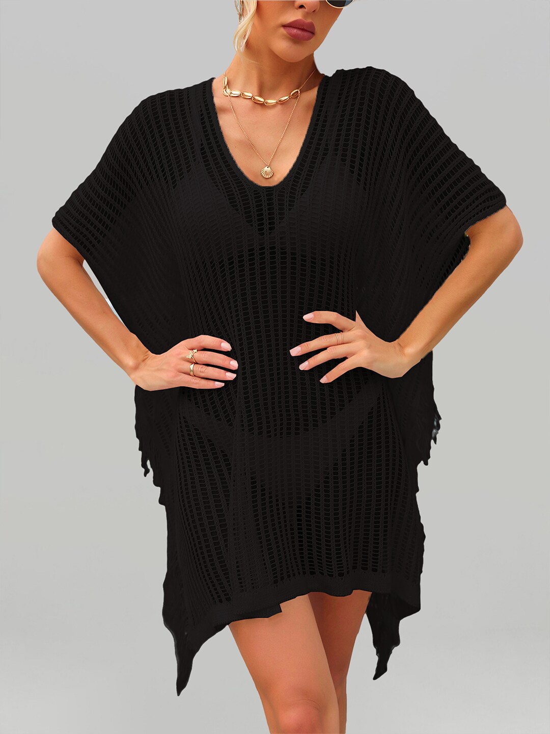 

JC Collection Self-Design Swimwear Cover Up Top, Black