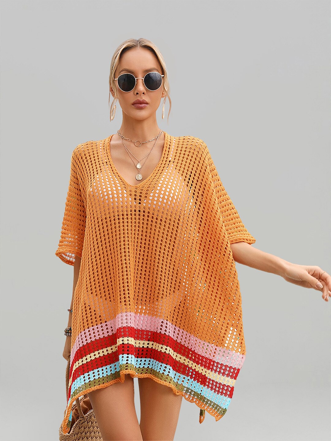 

JC Collection Self Design Swim Cover Up Top, Orange