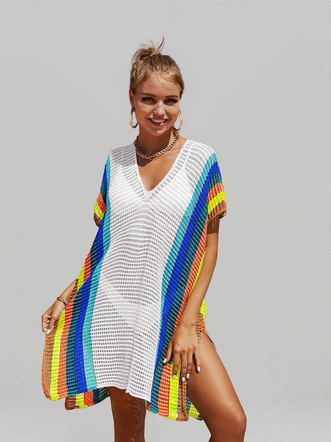 

JC Collection Striped Knitted Sheer Swimwear Cover up Kaftan Dress, White