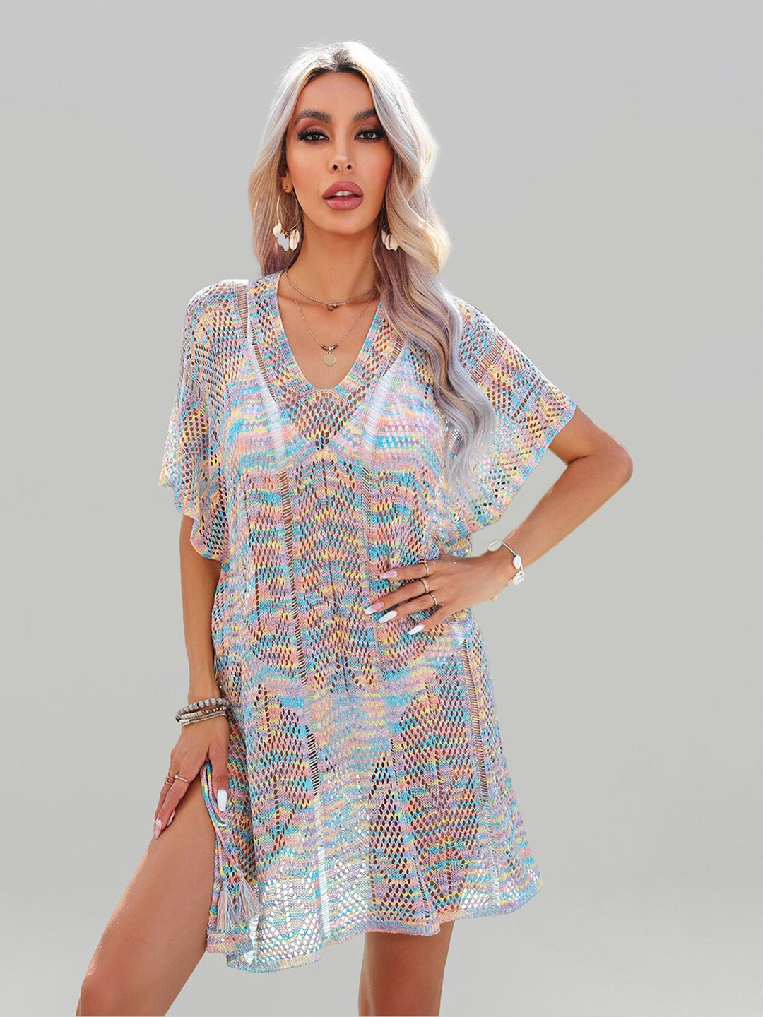 

JC Collection Striped Knitted Swimwear Cover Up Top, Blue