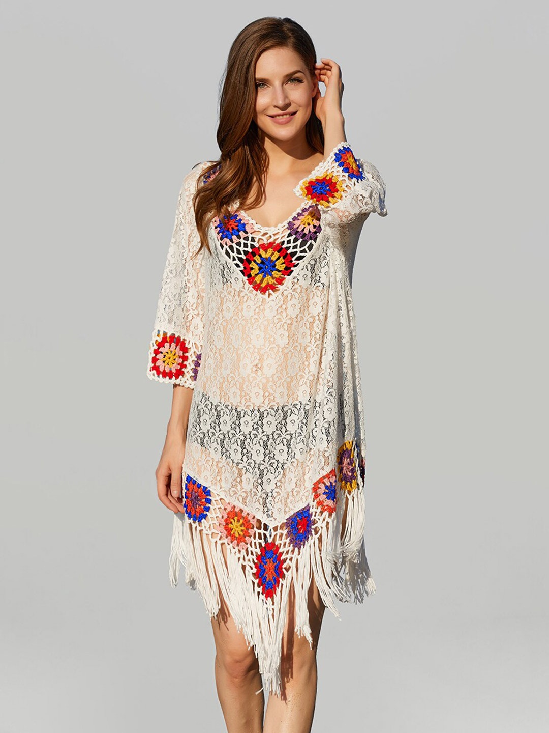 

JC Collection Self-Design Knitted Swimwear Cover Up Top, White