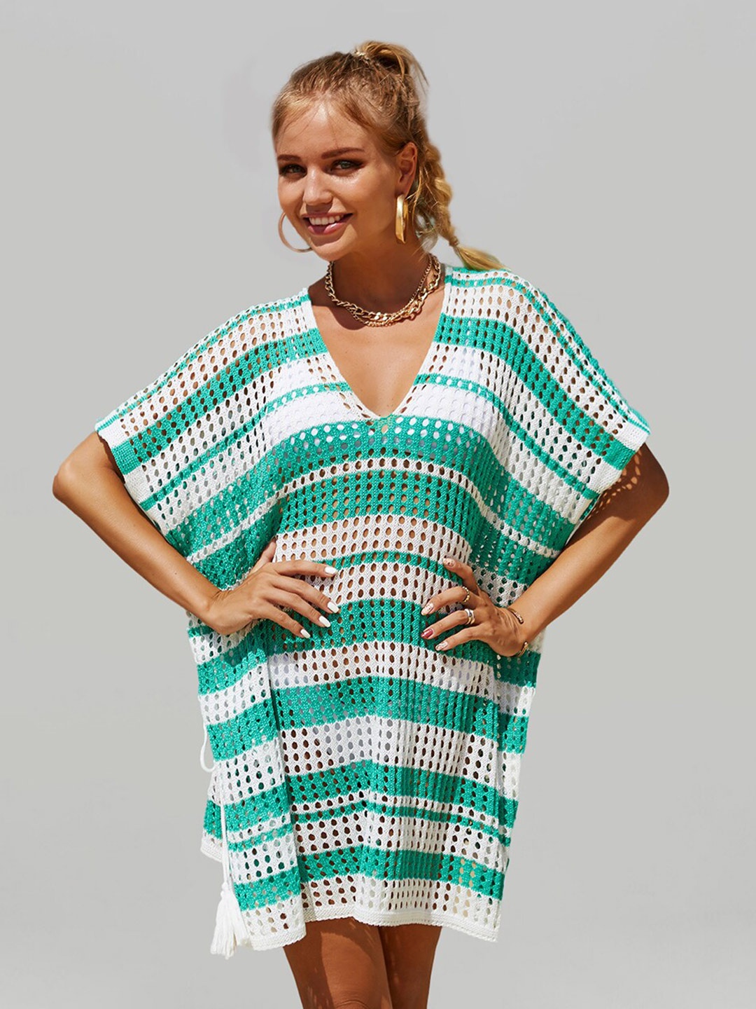 

JC Collection Striped Knitted Swimwear Cover Up, Green