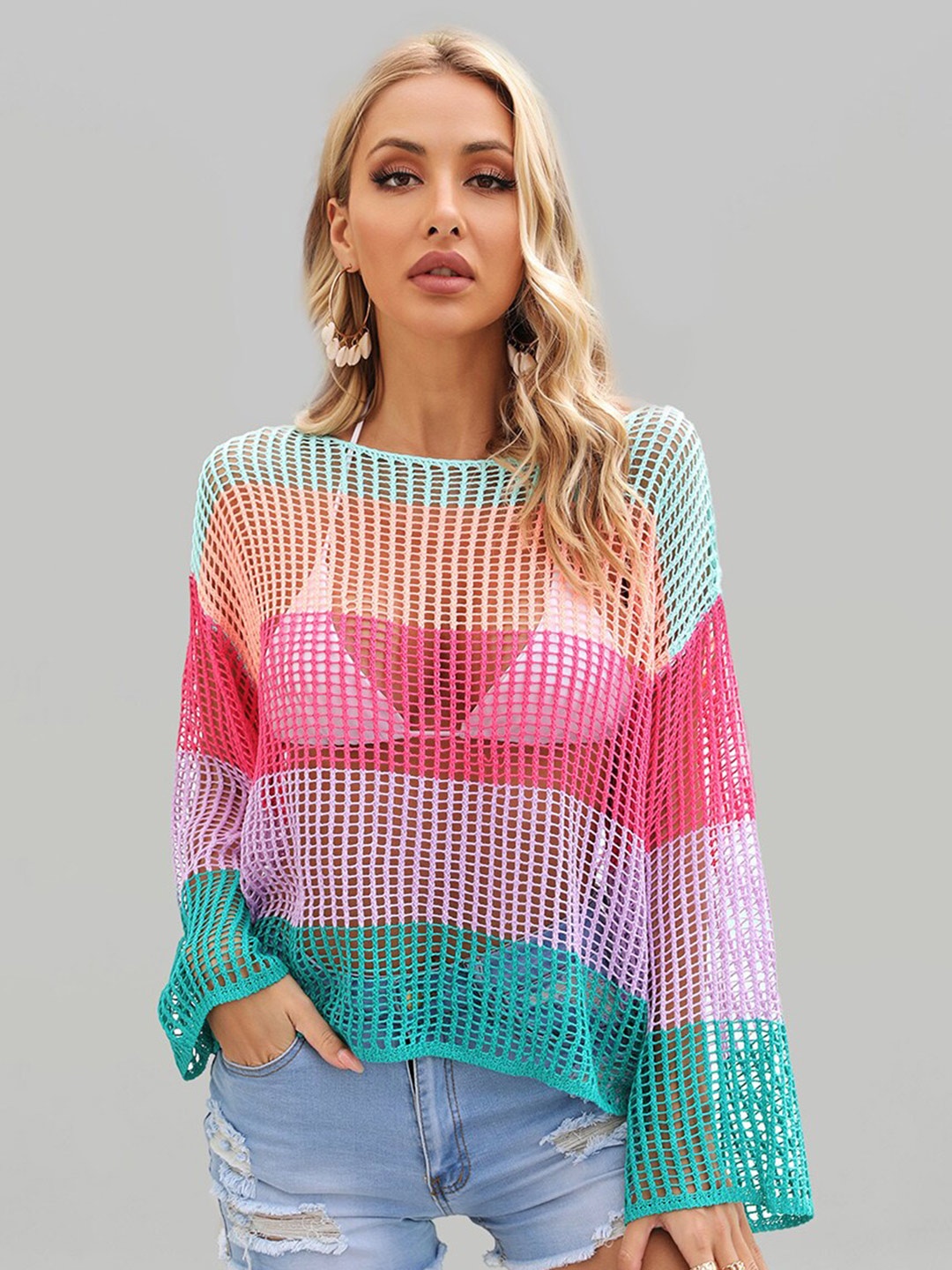 

JC Collection Knitted Sheer Colourblocked Bell Sleeves Top, Purple