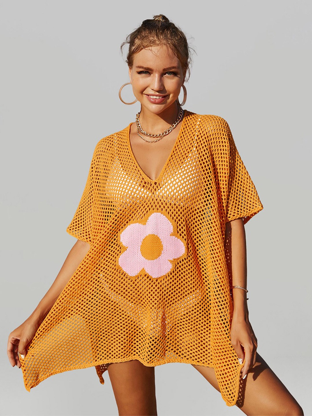 

JC Collection Floral Mini Kaftan Cover-Up Dress with Cut-out Detail, Orange