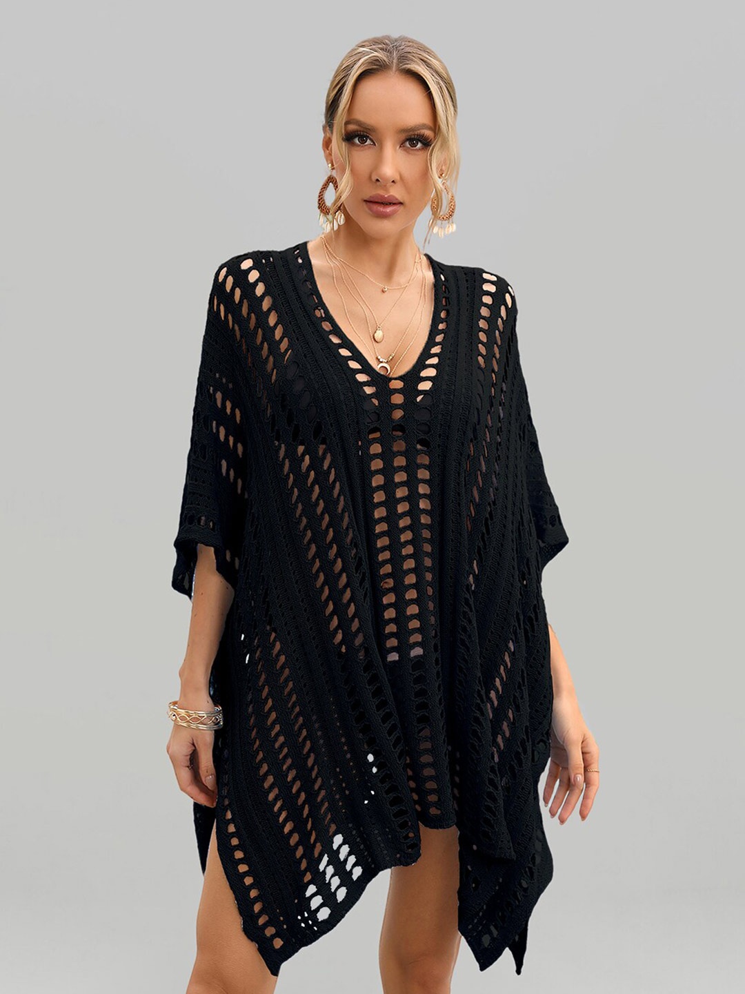 

JC Collection Self Design Knitted Swimwear Cover Up Top, Black