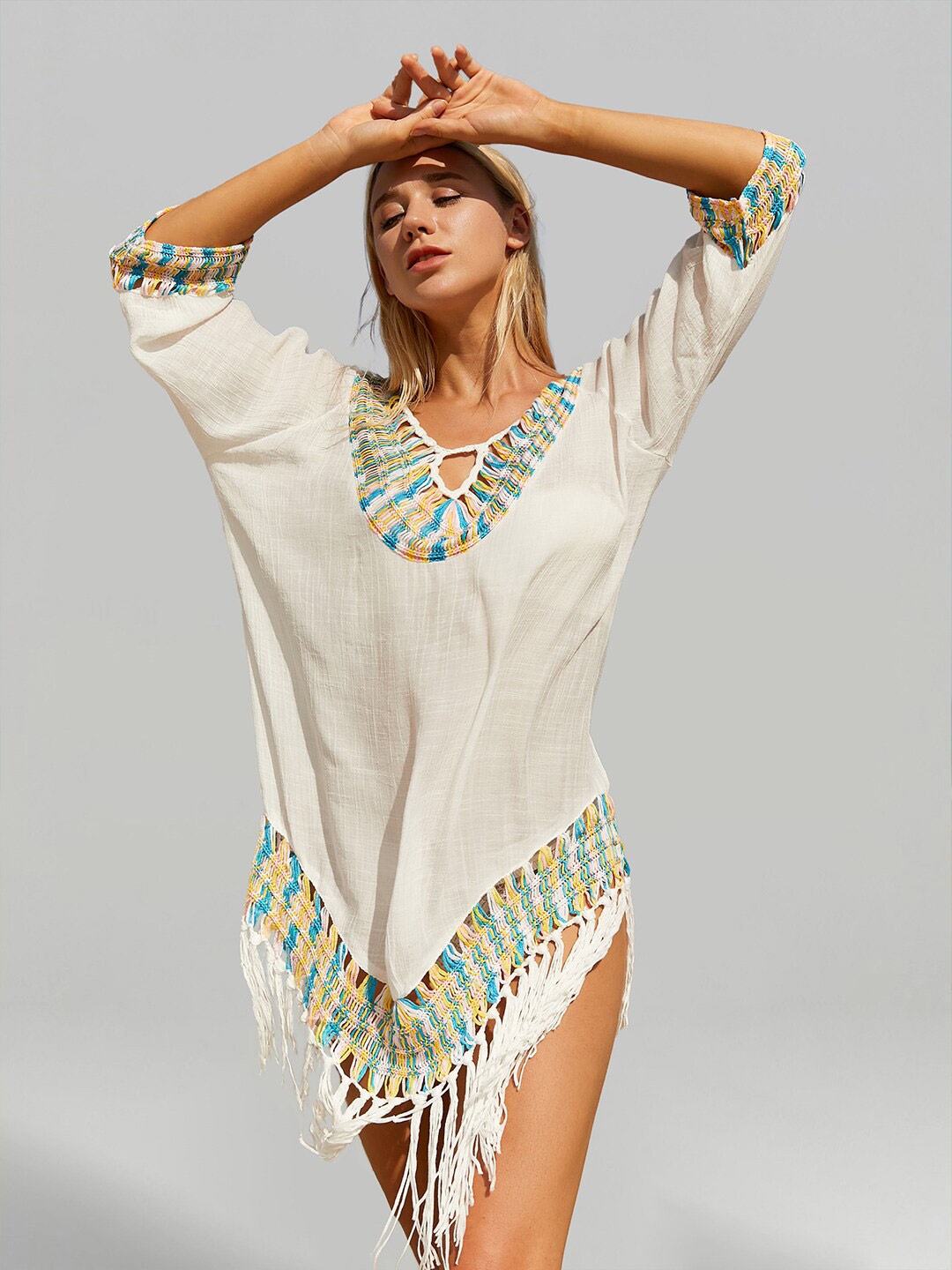 

JC Collection Semi-Sheer Fringed Swimwear Cover up Dress, Beige