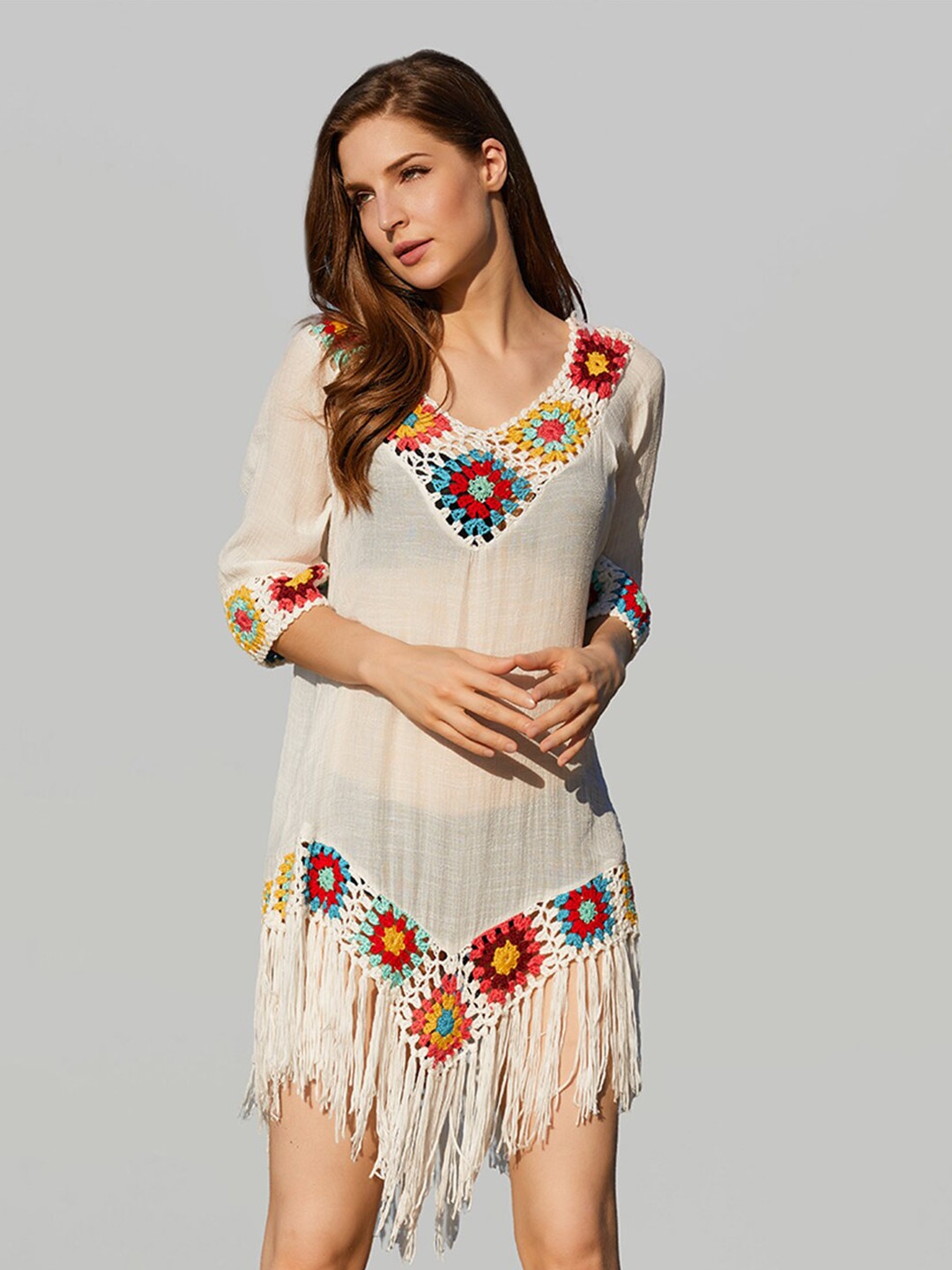 

JC Collection Floral Tasseled Swimwear Cover-Up Top, White