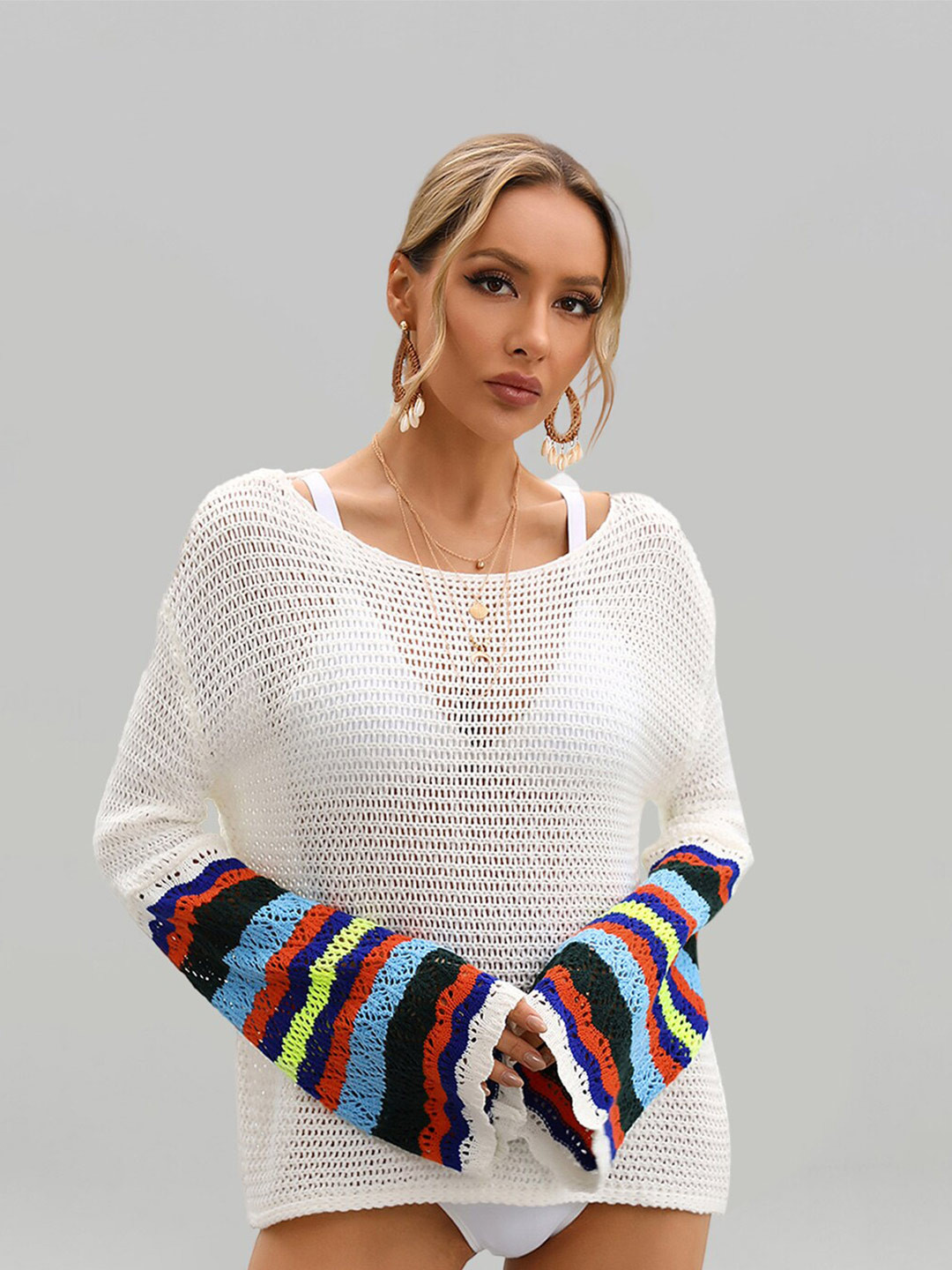 

JC Collection Knitted Sheer Swimwear Cover up Top, White