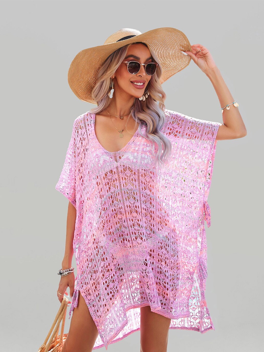 

JC Collection Crochet Mini Kaftan Cover-Up Dress with Cut-out Detail, Pink