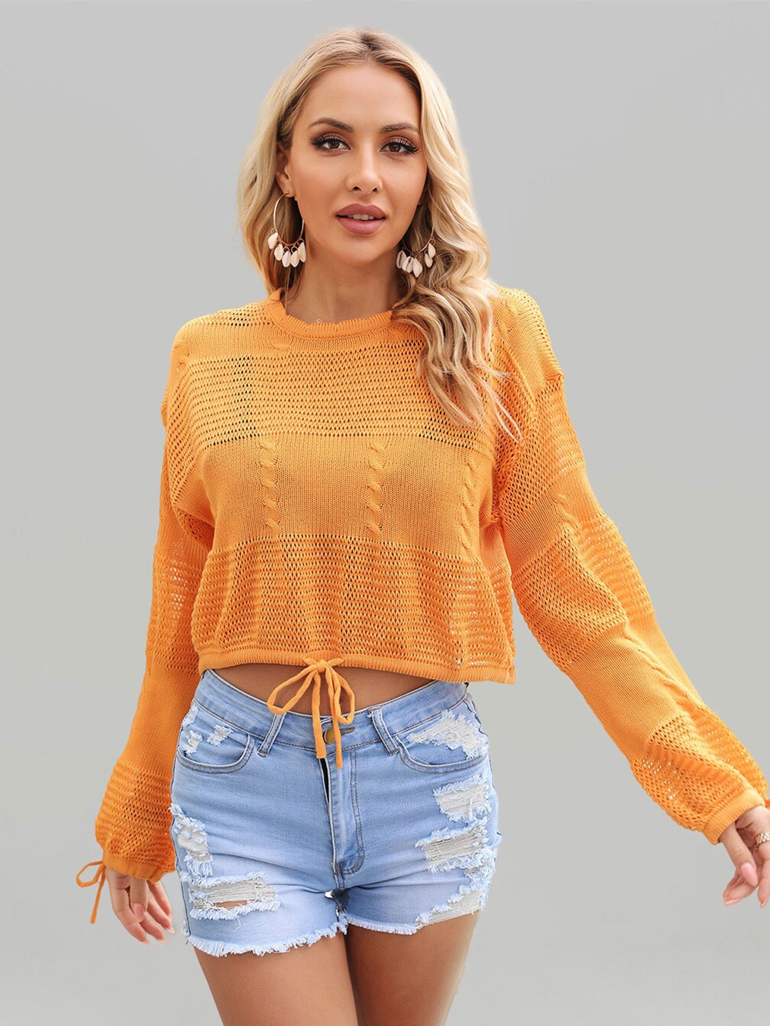 

JC Collection Self Design Semi Sheer Knitted Crop Top, Orange