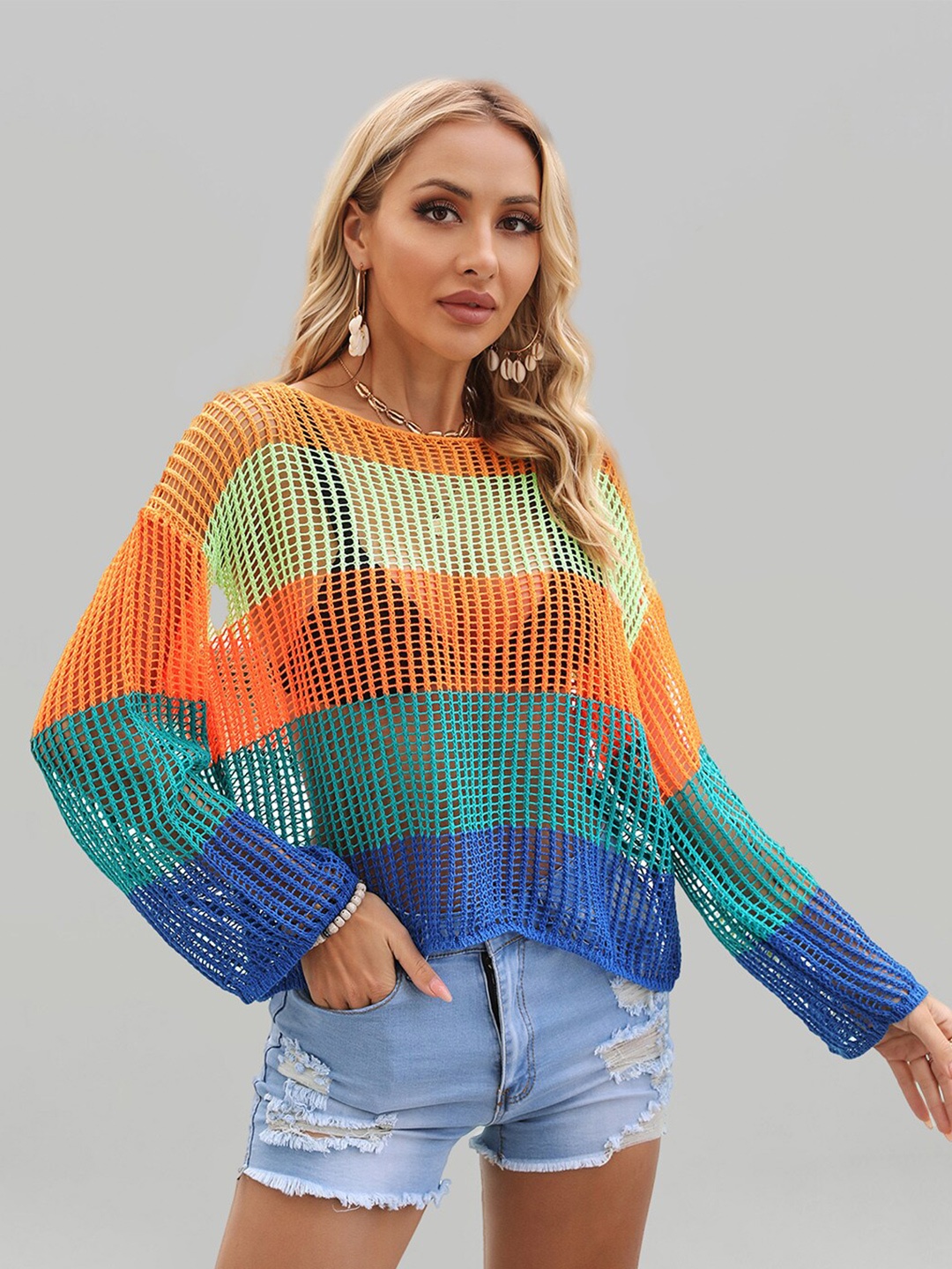 

JC Collection Self Design Boat Neck Cover Up Top, Blue